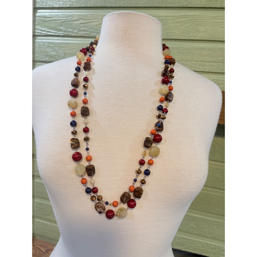 Multicolor Multi-Strand Beaded Necklace Gold Tone Long Layered Boho